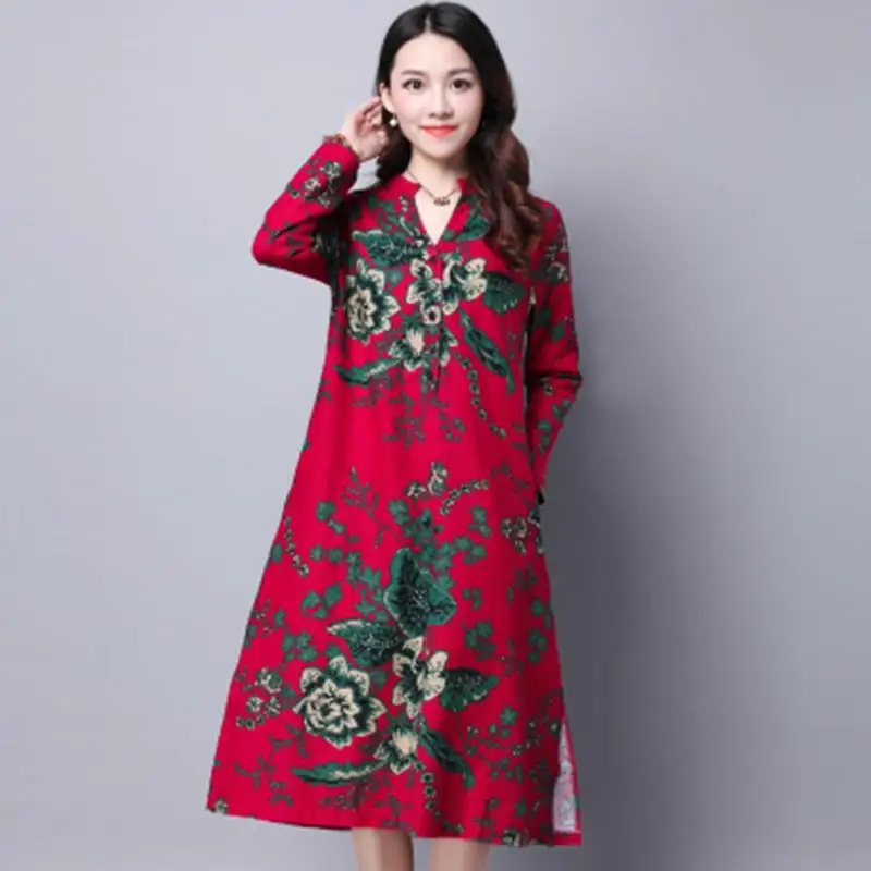 2019 весна и осень большое платье в фольклорном стиле размер Хлопок Свободный