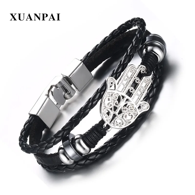 XUANPAI черный кожаный плетеный браслет для мужчин стильная подвеска Хамса из