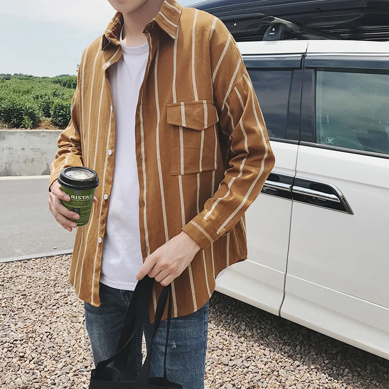 Мужская рубашка в полоску повседневная приталенная с длинным рукавом хлопковая