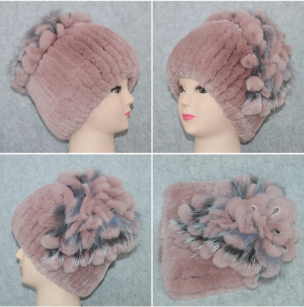 Новые женские шапки Настоящий мех кролика Skullies, роскошные эластичные вязаные цветочные шапки из натурального меха кролика Рекс, зимние шапки из натурального меха