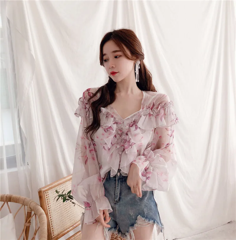 Женские рубашки Ulzzang японские Kawaii винтажные летние цветочные шифоновые блузки