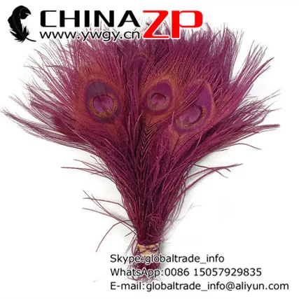 

CHINAZP Factory Exporting 100pcs/lot Good Quality Full Eye Dyed Burgundy Peacock tail Feathers