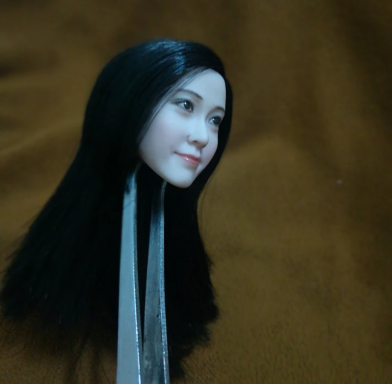1/6 модная женская голова с черными длинными волосами улыбающиеся лица для 12