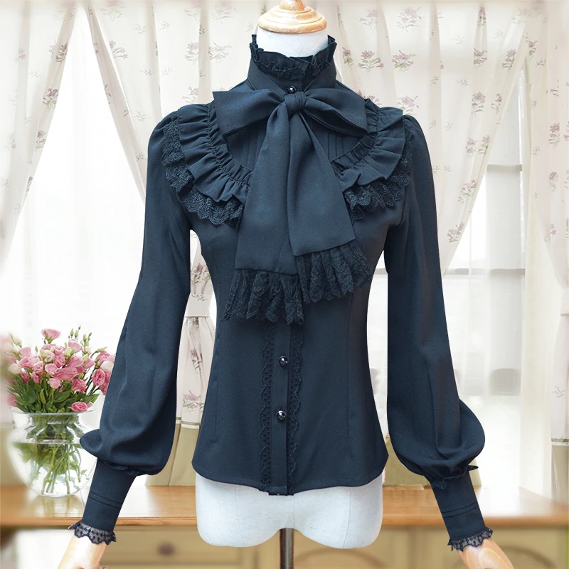 

Retro LOLITA Red White Blue Long Lantern sleeve Chiffon Lace Shirt Autumn Stand Collar Gothic Blouse