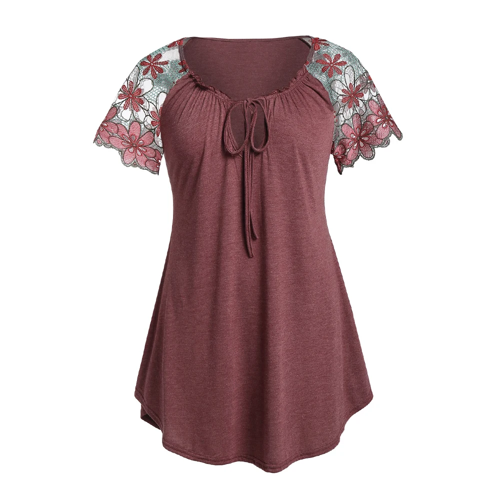 ROSE GAL Женские футболки Летние топы женские L-5XL Плюс размер зашнуровать длинную футболку с вырезом из туники футболка