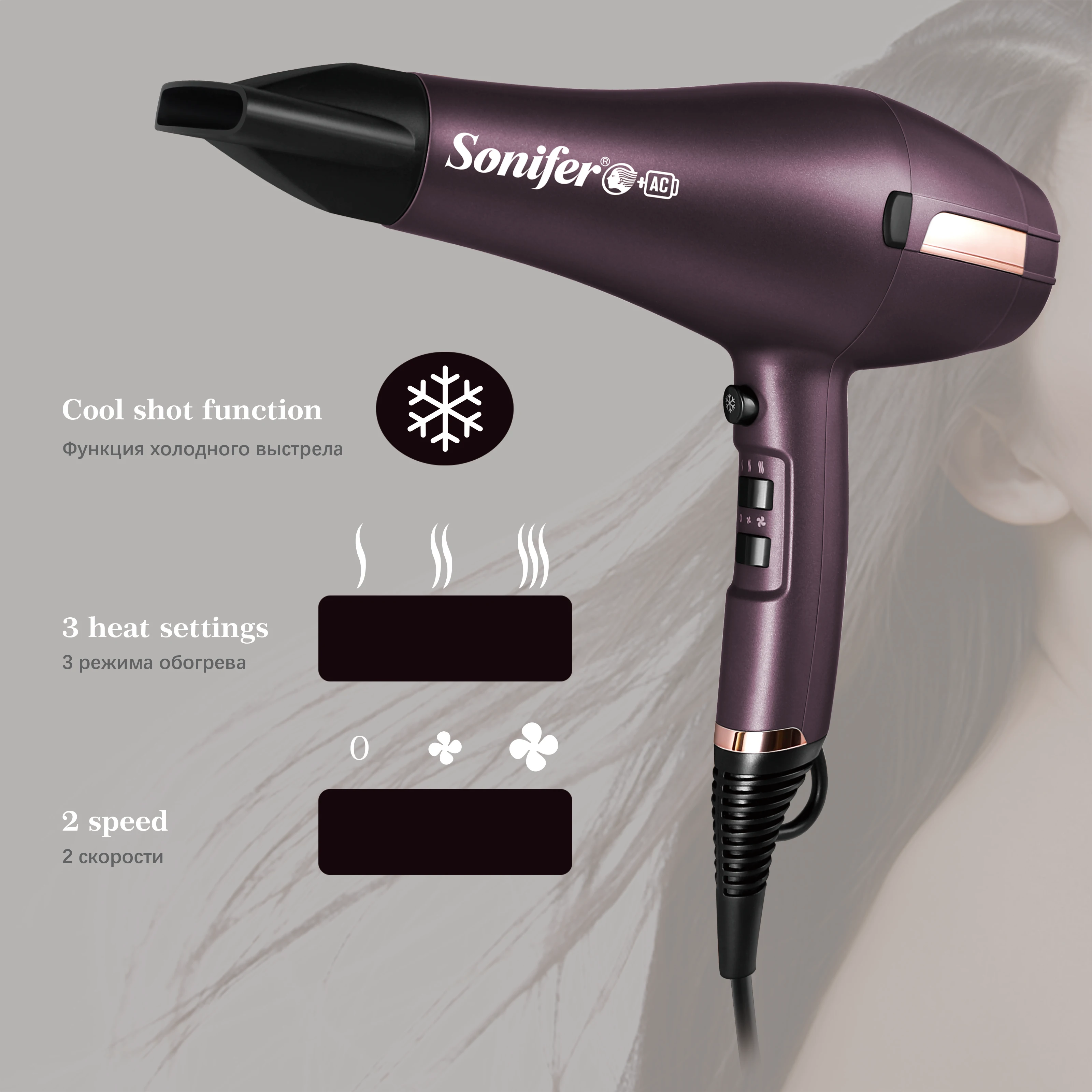 Профессиональный фен для волос с двигателем переменного тока мощностью 2200 Вт