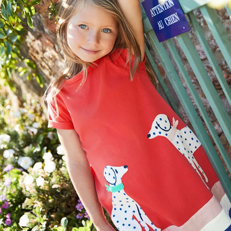 Jumping meters baby girls cartoon dress with applique two cute dogs short sleeves summer clothes new designed cotton clothing | Детская