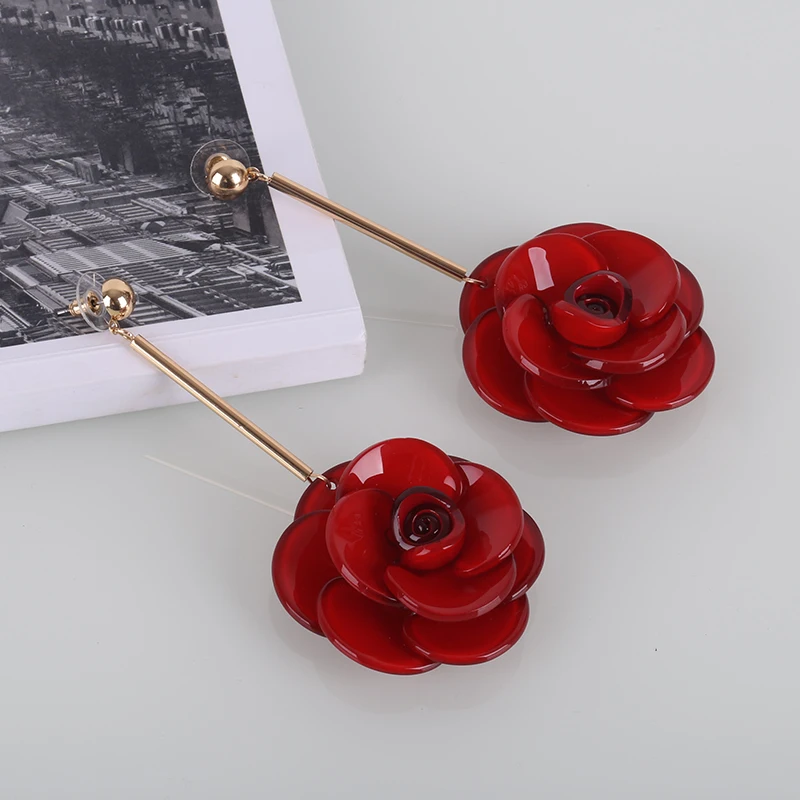 Temperament Big Acrylic Rose Flower Drop Earrings For Women Bohemian Holiday Party Jewelry Red Green White/Black | Украшения и