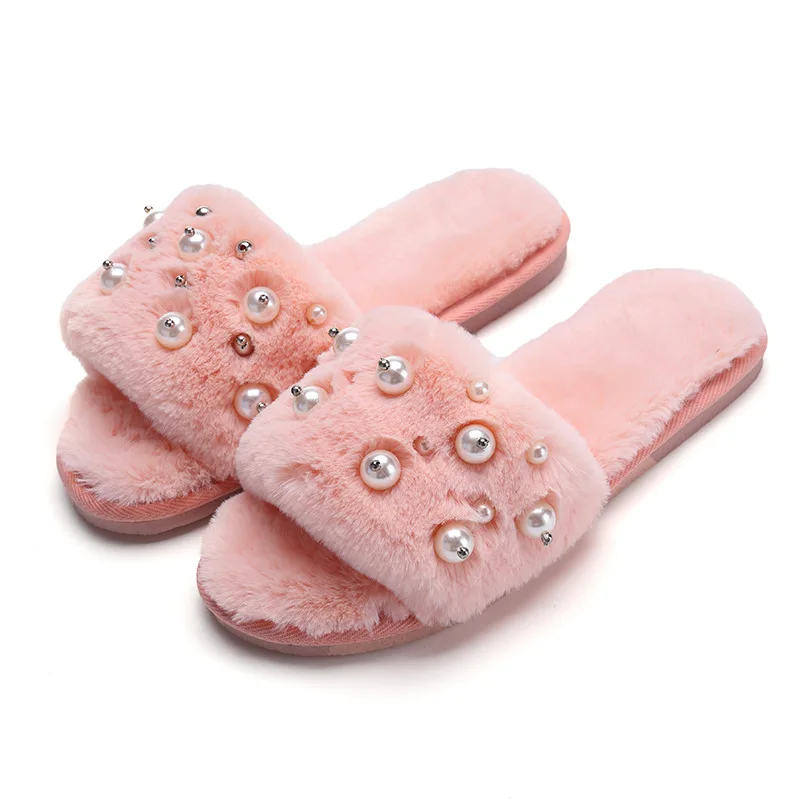 pink A Женские тапочки из плюша и хлопка с искусственным мехом; Сезон Зима; Теплая обувь без застежки; нескользящая обувь на плоской подошве; женская домашняя обувь; сезон весна-осень - Цвет: pink A