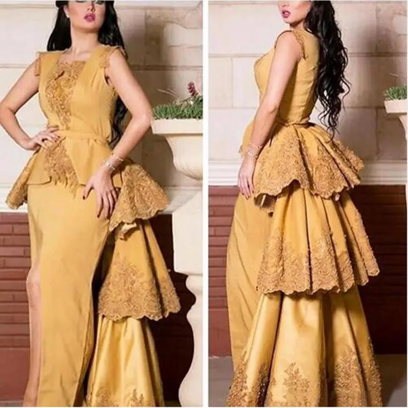 

Gold Long Evening Party Dresses 2019 Mermaid Layered Satin Formal Elegant Islamic Dubai Kaftan Saudi Arabia Evening Gowns Custom