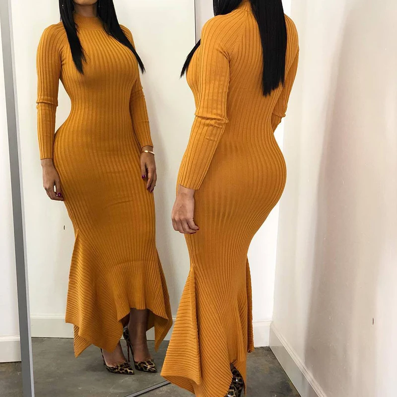Full Sleeve Ribbed Knitted Dress Women Autumn Winter Bandage Bodycon Long Dresses Fashion Sweater Mermaid Party Wear | Женская одежда