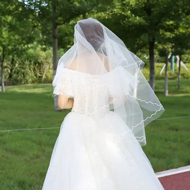 

Minimalist One-Layer Women Long White Wedding Veil Water-Soluble Mesh Yarn Wavy Ribbon Trim Cathedral Bridal Veil Without Comb