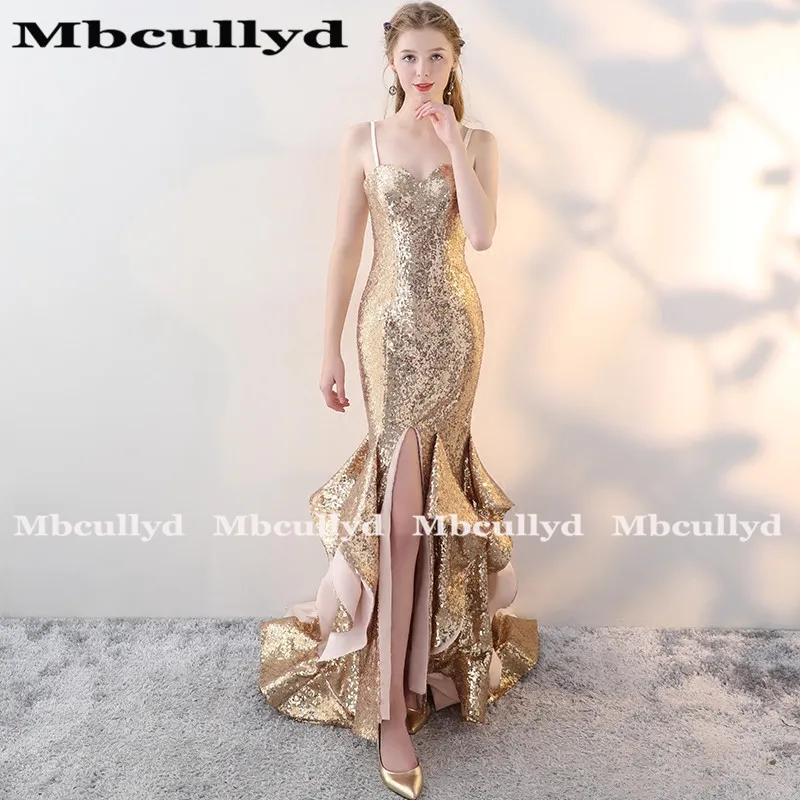 Женское длинное вечернее платье с блестками Mbcully золотистое юбкой годе открытой