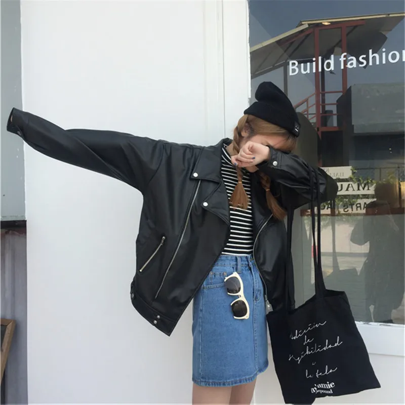 

2018 New Streetwear Loose Casual Turn-down Collar Zipper Leather Spring Autumn Women Short Motorcycle Detachable Pu Long Jackets