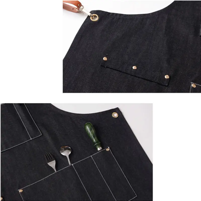 Черный джинсовый фартук K9N кожаный ремешок с перекрестной застежкой бариста