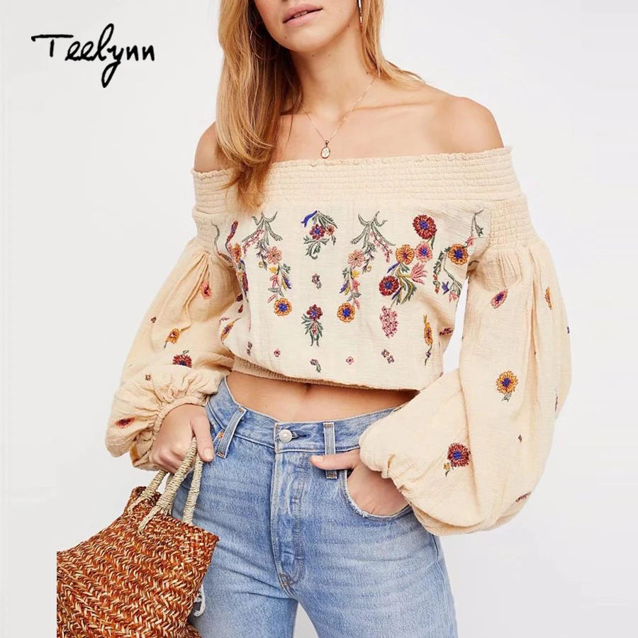 TEELYNN короткие Бохо блузка 2021 цветочной вышивкой сексуальное платье с открытыми