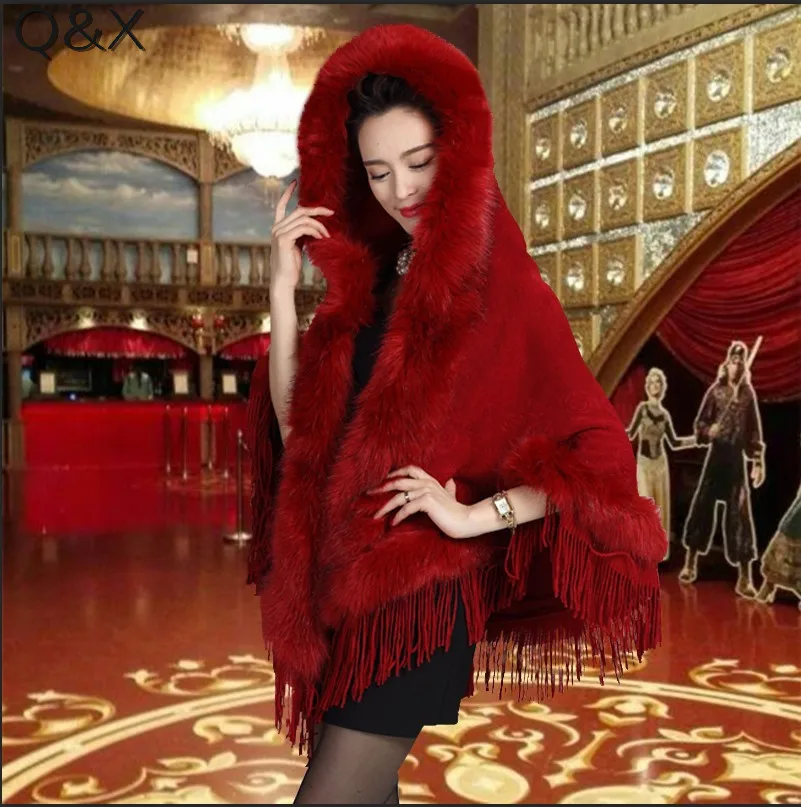 

2018 Winter Warm Knitted Tassel Poncho Cape Cashmere Solid Shawl Women Imitation Fur European Cardigan Coat With Fur Hat