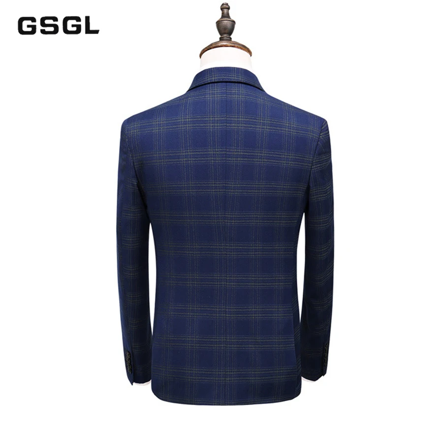 Mens Double Breasted Suits Spring Autumn S-5XL Groom Wedding Suit 3 Piece Blue Plaid Suit Business Formal Wear