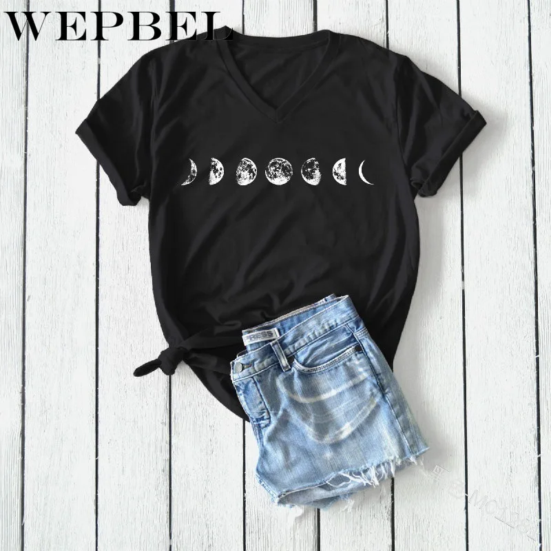 WEPBEL летняя модная футболка с принтом фаз Луны, Женская Повседневная футболка с коротким рукавом и v-образным вырезом