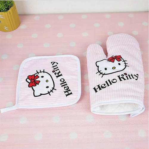 Pink Кухонные перчатки hello kitty и изоляционные подставки против ожогов кухонные перчатки для выпечки микроволновой печи митенки милые кухонные принадлежности hello kitty - Цвет: Pink