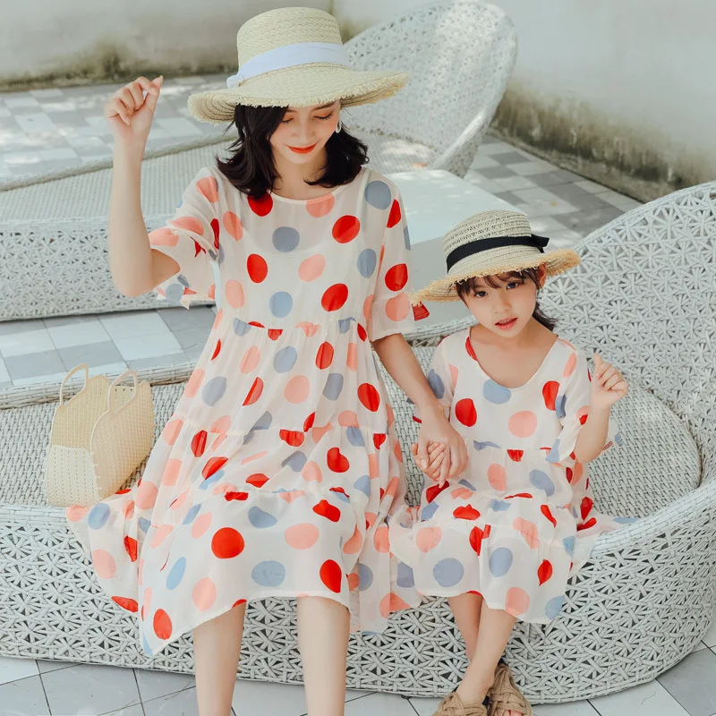 

WLG family matching clothes mother and daughter dot plaid printed dresses summer casual mommy and me dress