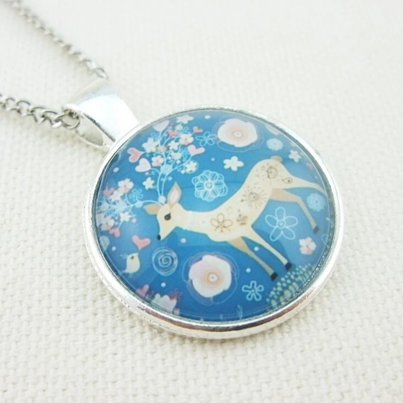Ожерелье серебряное с изображением рождественского оленя|colorful necklace|cabochon pendantjewelry