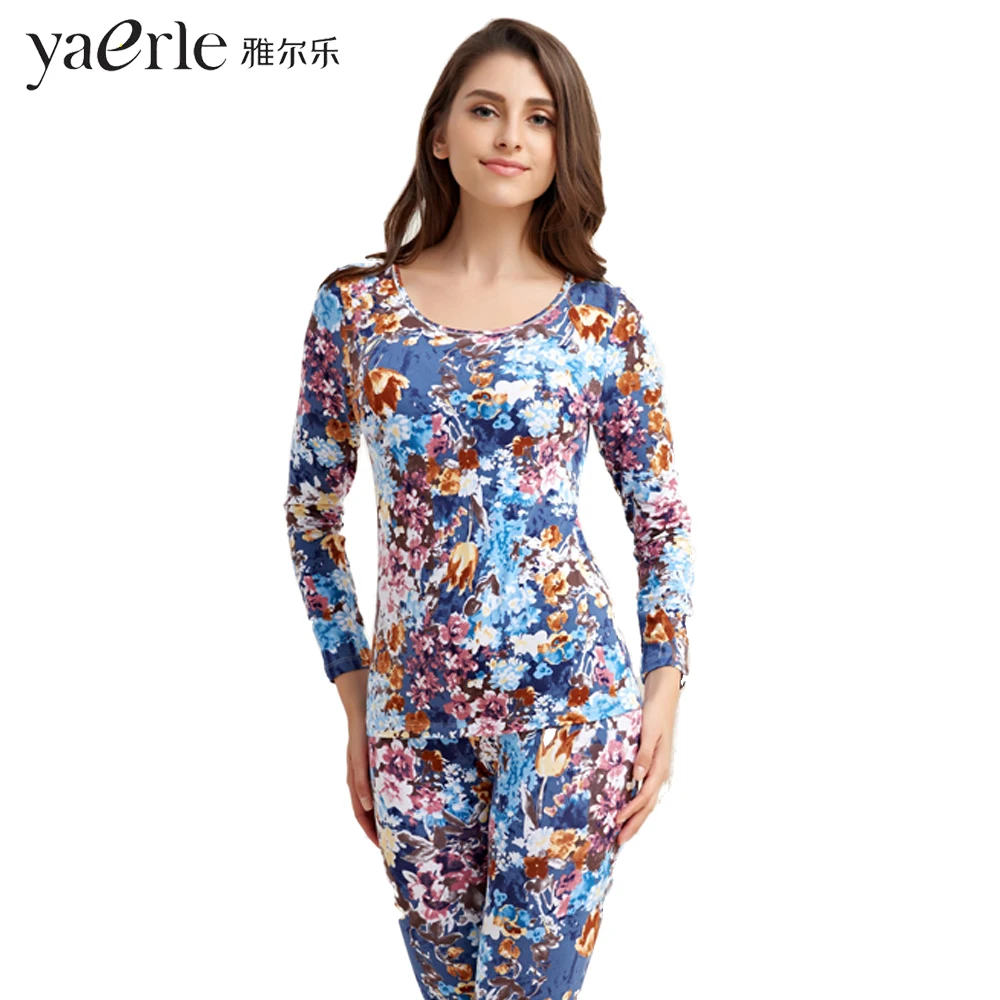 Термобелье женские подштанники с круглым вырезом и длинным рукавом цветочным