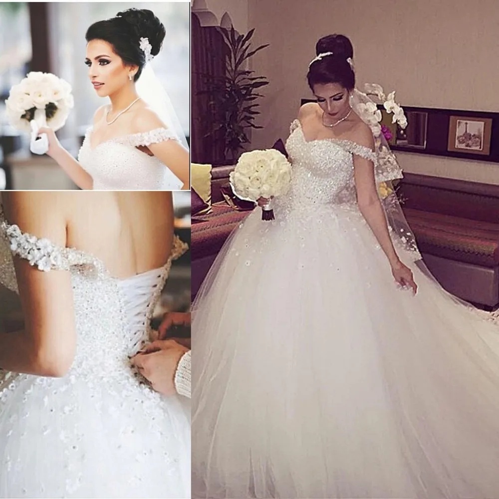 New Elegant Princess Wedding Dresses 2017 V-neck Ball Gown Lace Up Back Beads Tulle Chapel Train Bridal Gowns Vestido de noiva | Свадьбы и