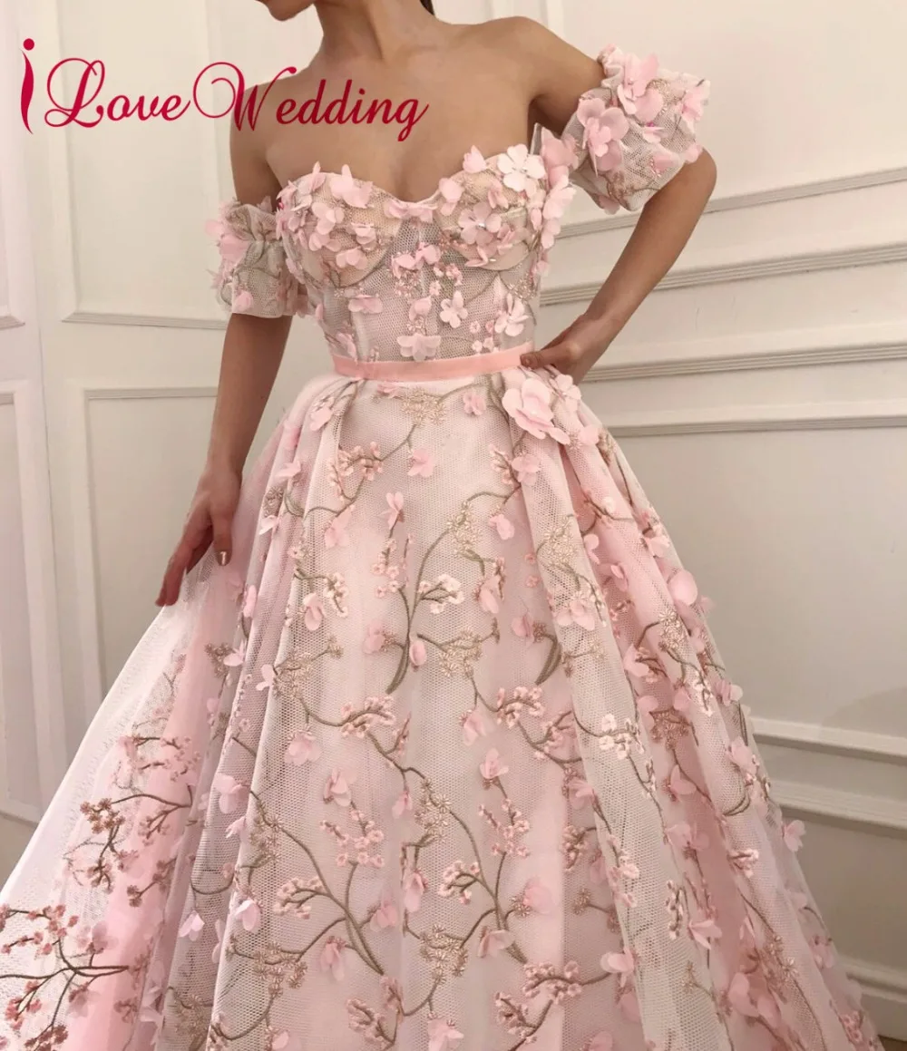 

iLoveWedding Sweetheart 3D Lace Handmade Flowers Custom made A Line Pink Elegant Prom Evening Dresses