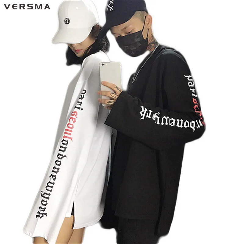 

VERSMA Autumn Korean Ulzzang Letter Print T-shirts Men Women Hip Hop Harajuku Loose BF Extra Long Sleeve Tshirt Men Dropshipping