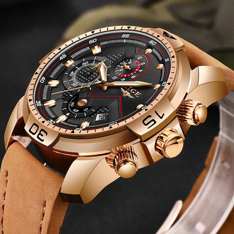 

LIGE New Mens Watches Top Brand Luxury Leather Quartz Clock Male Sport Waterproof Fashion Gift Gold Watch Men Relogio Masculino