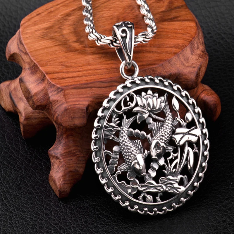 

Real 925 Sterling Silver Lotus Squid Tag Yearly Fish Pendant Thai Silver Pisces Wishful Auspicious Round Pendant Fashion Jewelry