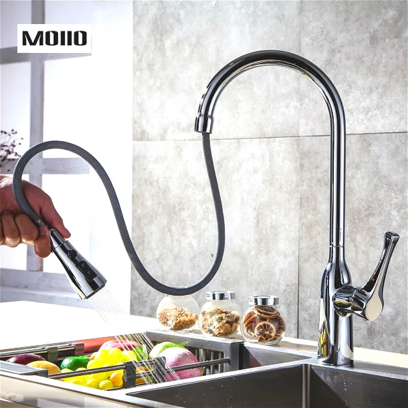 MOIIO Modern Pull-Out Kitchen Faucet Solid Brass Chrome Single hand Pause Button Pull Out Sprayer Kitchen Faucet torneira luxury gold kitchen faucet pull out