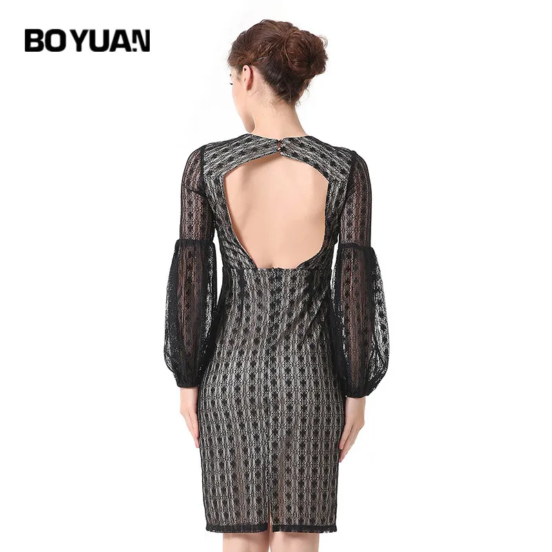 Boyuan пикантные открытой спиной осень-весна элегантное платье женский Черный Bodycon