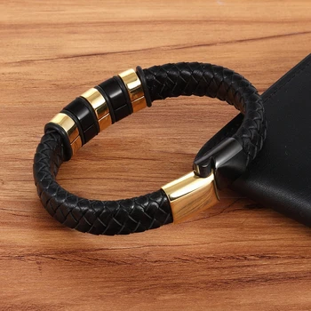 Stainless Steel Magnetic Button Design Genuine Leather Bracelet 2