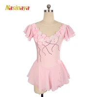nasinaya figure skating dress customized competition ice skating skirt for girl women kids pink flower short sleeve