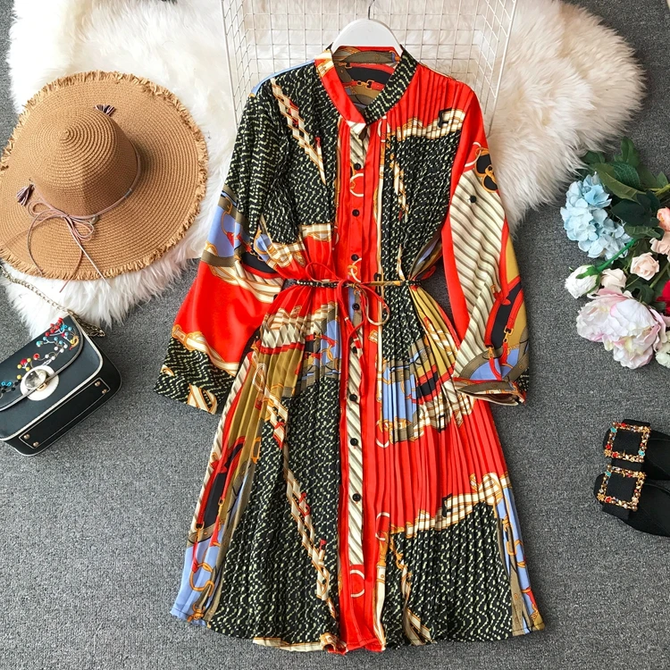 Женское шифоновое плиссированное платье повседневное свободное с винтажным