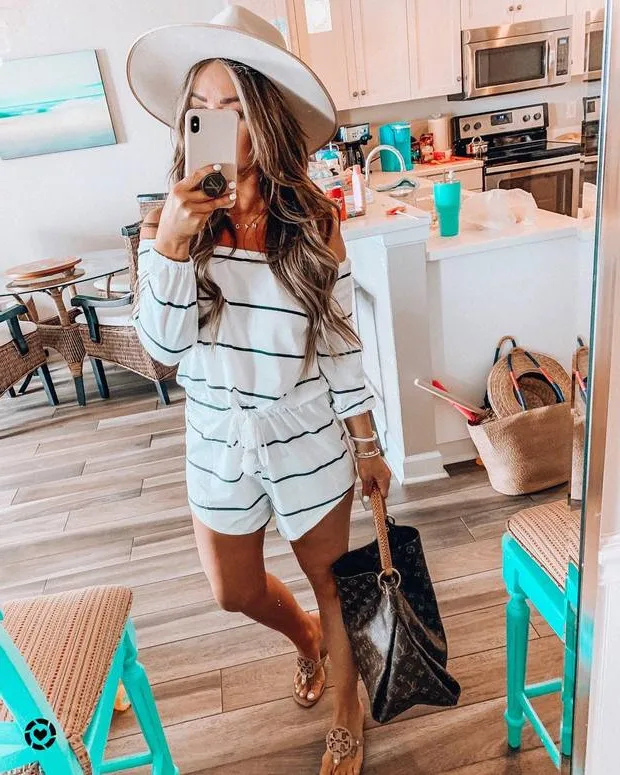 White Wide Leg Belted Striped Romper Women Long Sleeve Rompers for Women Off Shoulder Playsuit Summer Jumpsuit Preppy Casual Bodysuit - Color: White