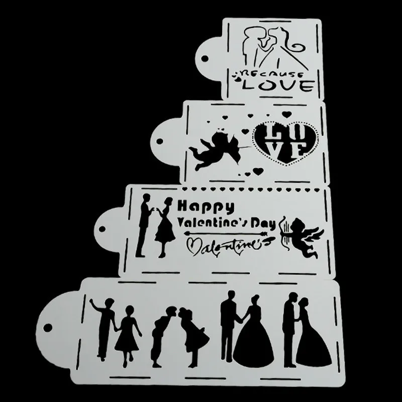 4PCS Happy Valentine's Day Fondant Decorating Love Cake Stencil Wedding Decoration Cupcake Template Mold Baking Tool | Дом и сад
