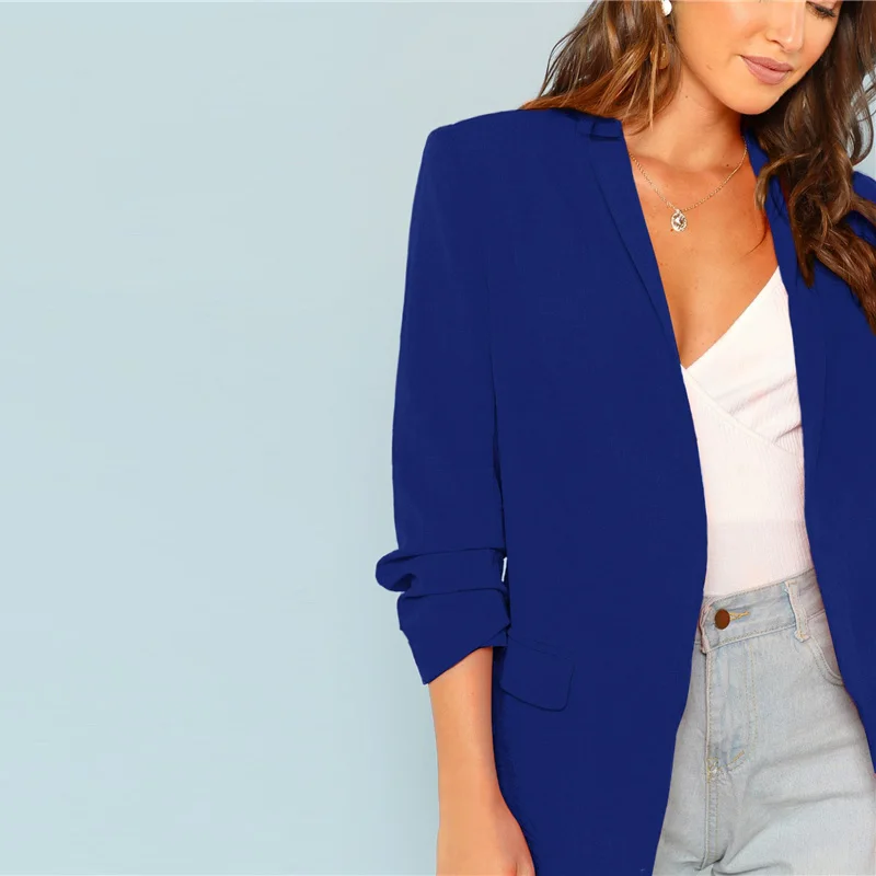 Sheinside, синяя рабочая одежда, Длинный блейзер с шалевым воротником, длинный рукав, для офиса, леди, топы, осень, женские повседневные блейзеры и пальто
