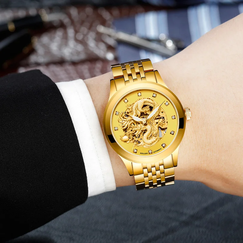Новое прибытие SOLLEN скелет часы Топ Бренд роскошные золотые для мужчин полностью
