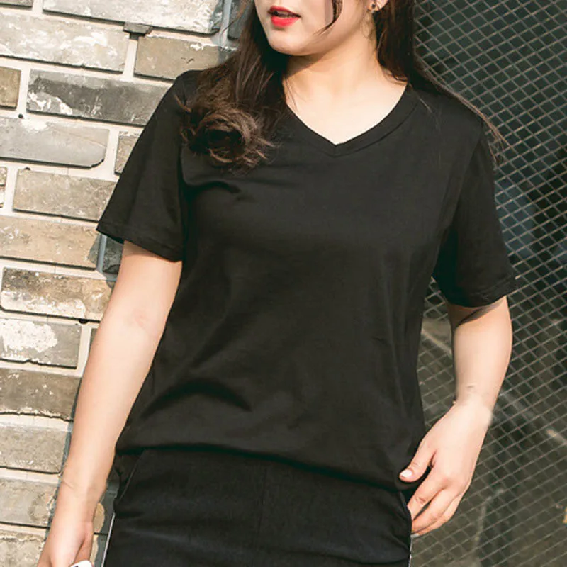 Черный Летняя футболка для женщин размера плюс бюст 134 см 4XL 5XL 6XL 7XL 8XL 9XL v-образный вырез женская футболка 7 видов цветов - Цвет: Черный