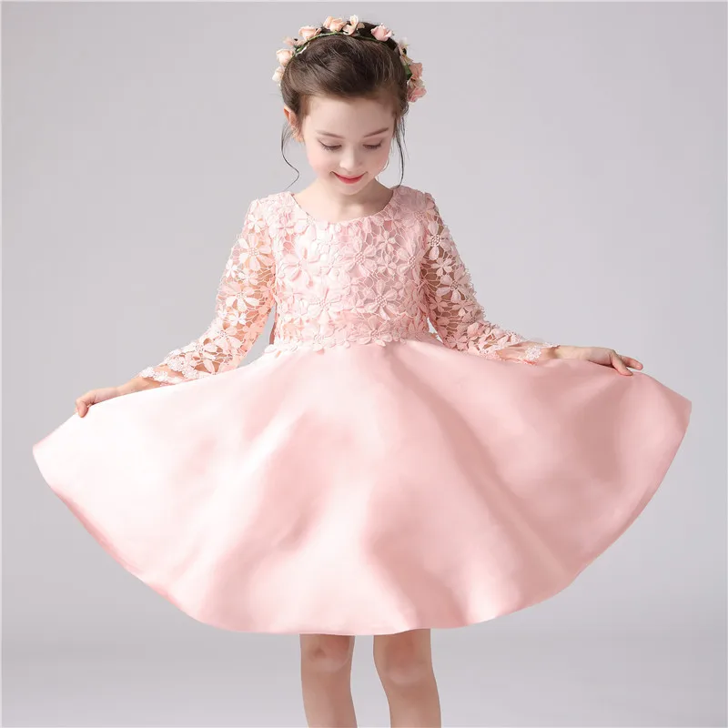 Girls Elegant Wedding Pink Dress Lace Trimmed Embroidered Western Children Holiday Party Princess Clothes Wholesale | Детская одежда и