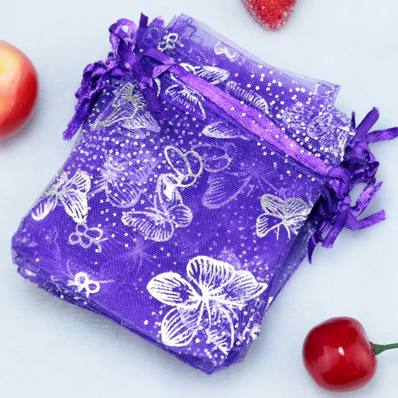 

100pcs 7x9cm Drawable Organza Bags Butterfly Deep Purple color Wedding Christmas Gift Bag Jewelry Packaging Bags Pouches