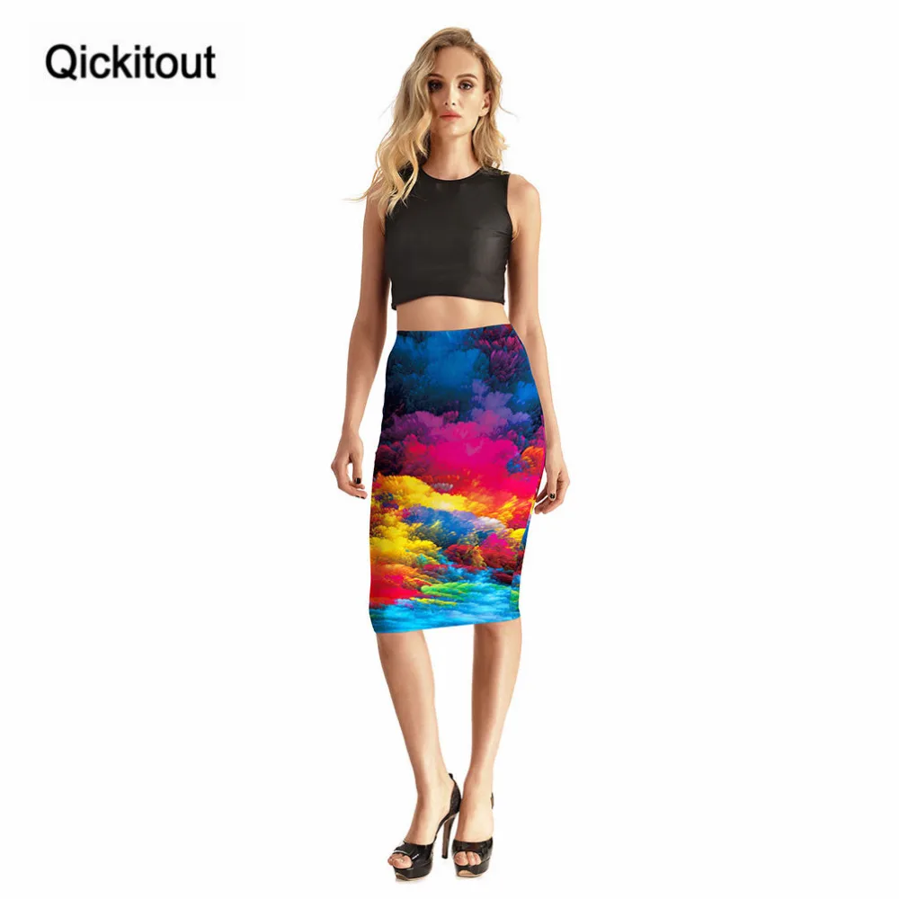 Qickitout посылка, модная юбка, Новое поступление, женские юбки с 3D принтом, сексуальные юбки с высокой талией, цветная, с принтом неба, посылка на бедрах