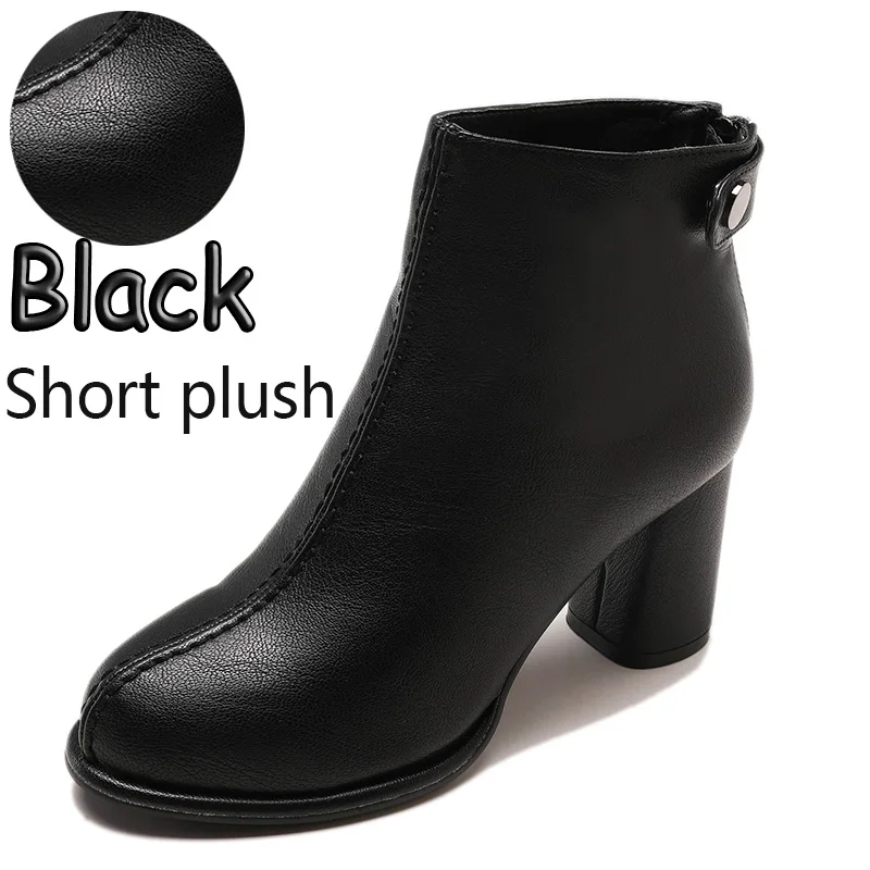 Black Short Plush APHIXTA/ботильоны для женщин; ботильоны из мягкой кожи; женская зимняя обувь; женские ботинки на высоком квадратном каблуке; обувь с пуговицами и молнией - Цвет: Black Short Plush