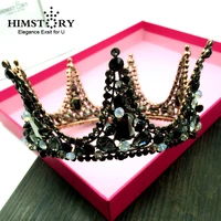 himstory vintage baroque round tiara black rhinestone beads crowns royal queen headband for women party wedding hair accessories