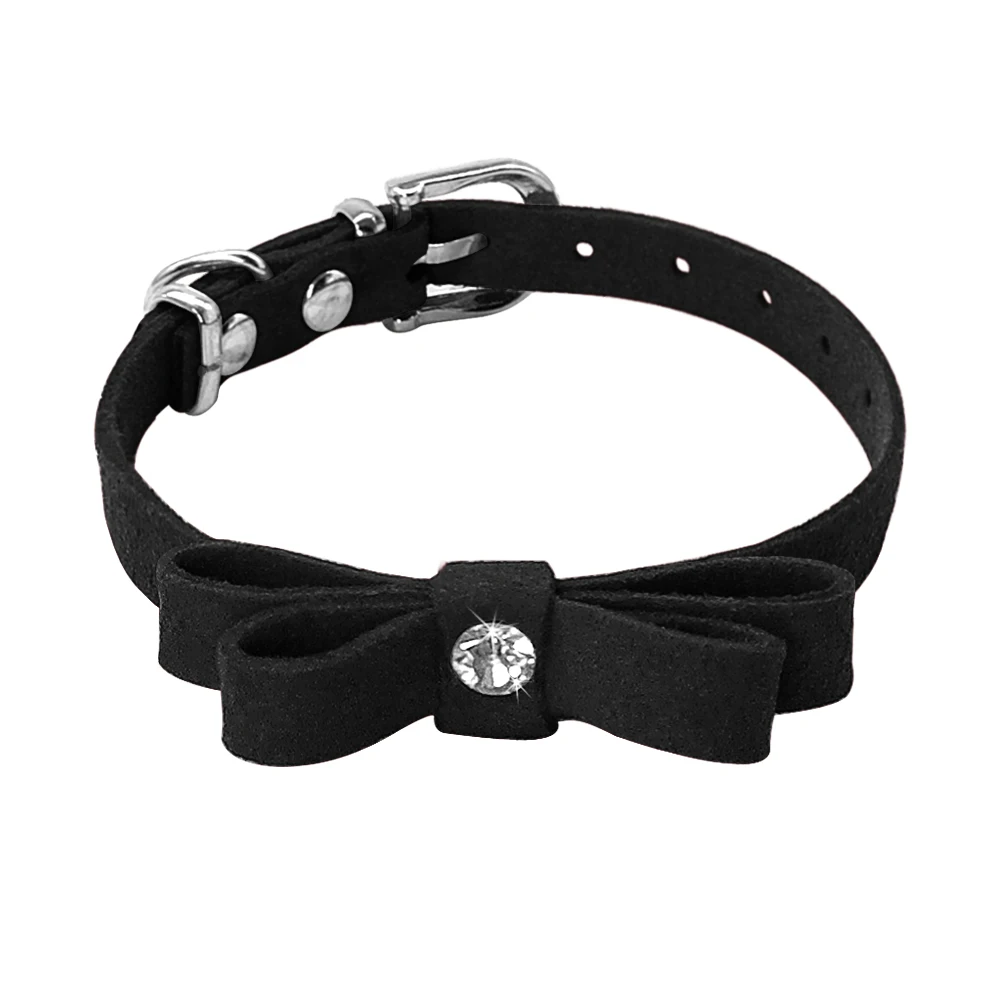 Мягкий замшевый кожаный ошейник для кошек, котенок, бархат, бант, стразы, аксессуары, ошейники для маленьких кошек, собак - Цвет: Черный