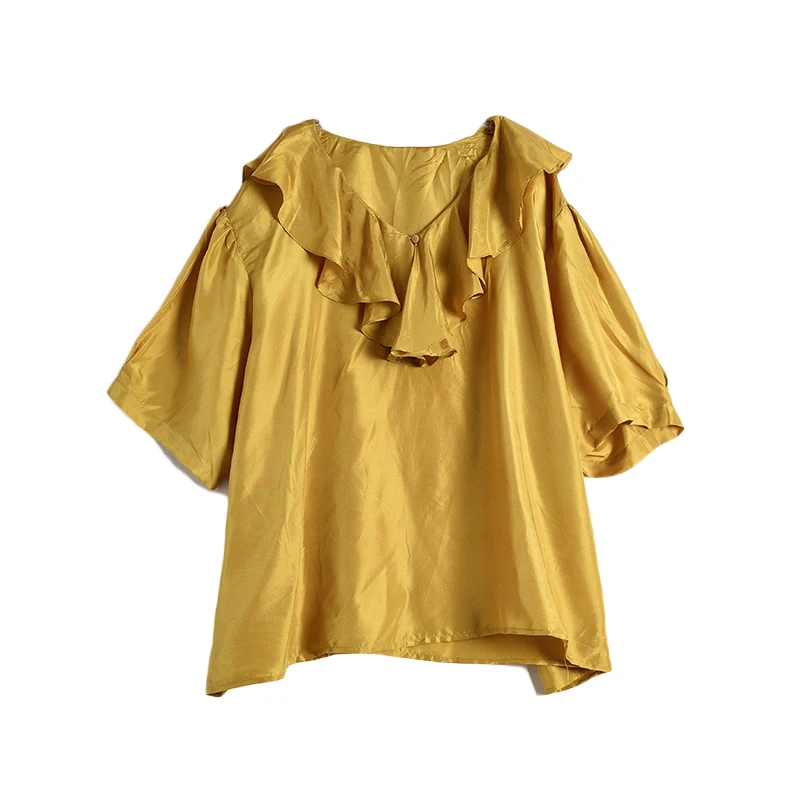 100% натуральный шелк блузки OL черный короткий рукав Повседневная Блузка Топы для женщин офисная одежда