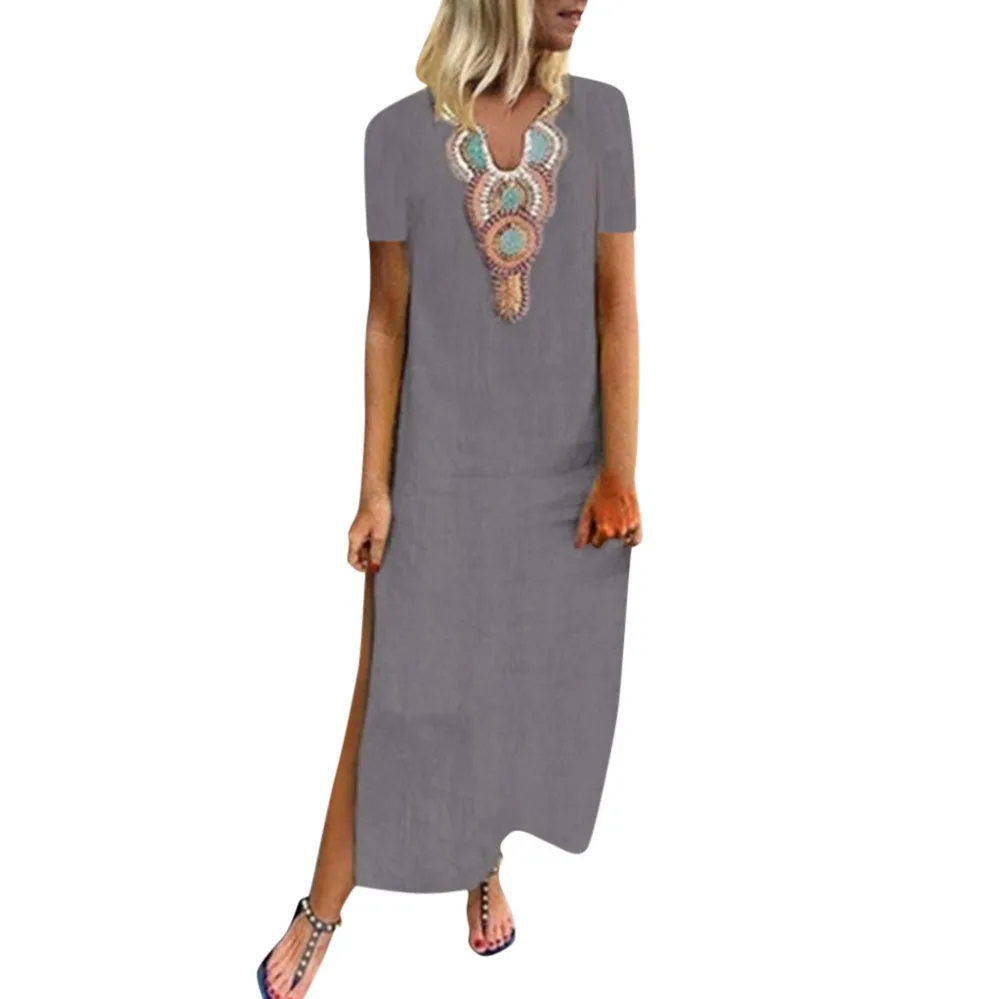 Women Dresses Sexy Women Polyester Print Deep V-neck Side Slit Summer Dress Bohemian Female Maxi Dress Vintage Vestidos 40H